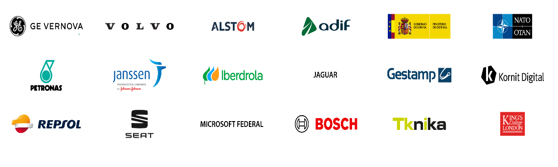Client logos: GE Vernova, Volvo, Alstom, adif, Spanish MoD, NATO, Petronas, Janssen, Iberdrola, Jaguar, Gestamp, Kornit Digital, Repsol, SEAT, Microsoft Federal, Bosch, Tknika, King's College London